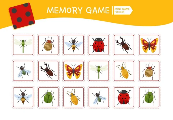 Memory game for preschool children, vector cards with  cartoon insects. Find two identical picture. Kids activity page for book.