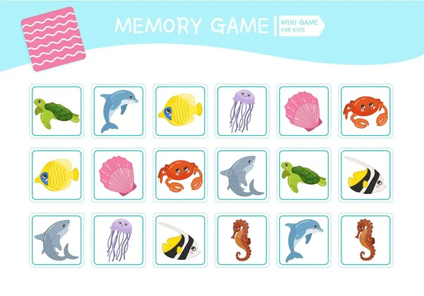 Memory game for preschool children, vector cards with  sea animals. Find two identical picture. Kids activity page for book.