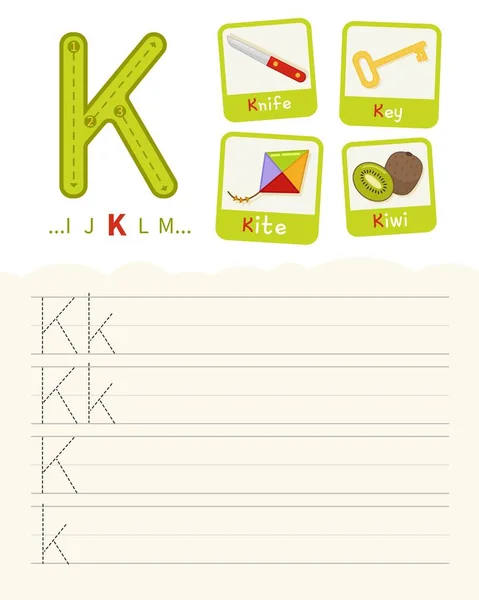 Handwriting practice sheet. Basic writing. Educational game for children. Learning the letters of the English alphabet. Cards with objects. Letter K.