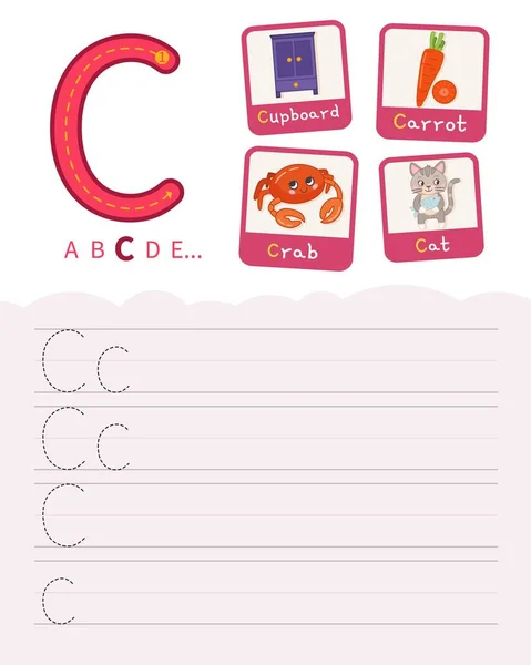 Handwriting practice sheet. Basic writing. Educational game for children. Learning the letters of the English alphabet. Cards with objects. Letter C.