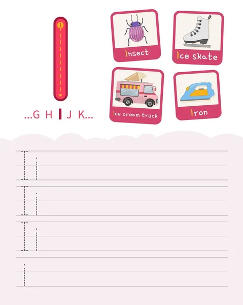 Handwriting practice sheet. Basic writing. Educational game for children. Learning the letters of the English alphabet. Cards with objects. Letter I.