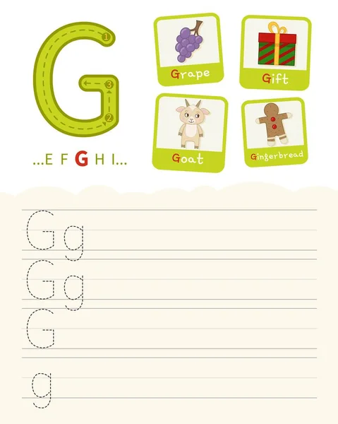 Handwriting practice sheet. Basic writing. Educational game for children. Learning the letters of the English alphabet. Cards with objects. Letter G.