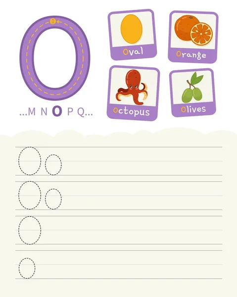 Handwriting practice sheet. Basic writing. Educational game for children. Learning the letters of the English alphabet. Cards with objects. Letter O.