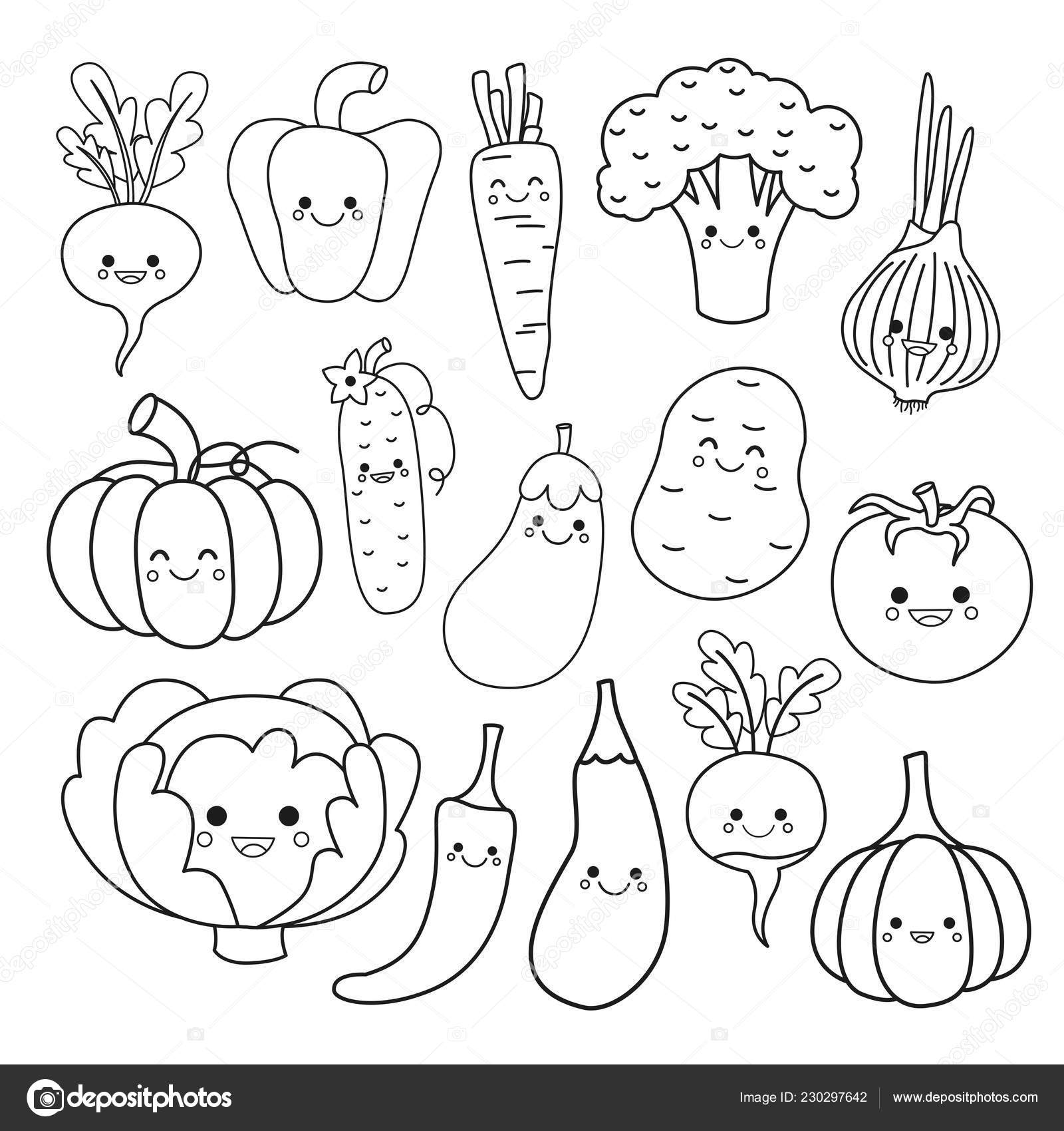 Vector Set Cute Vegetables Coloring Book Kids — Stock Vector