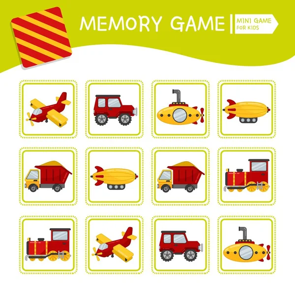 Memory game for preschool children, vector cards with cartoon transport. Find two identical picture. Kids activity page for book.