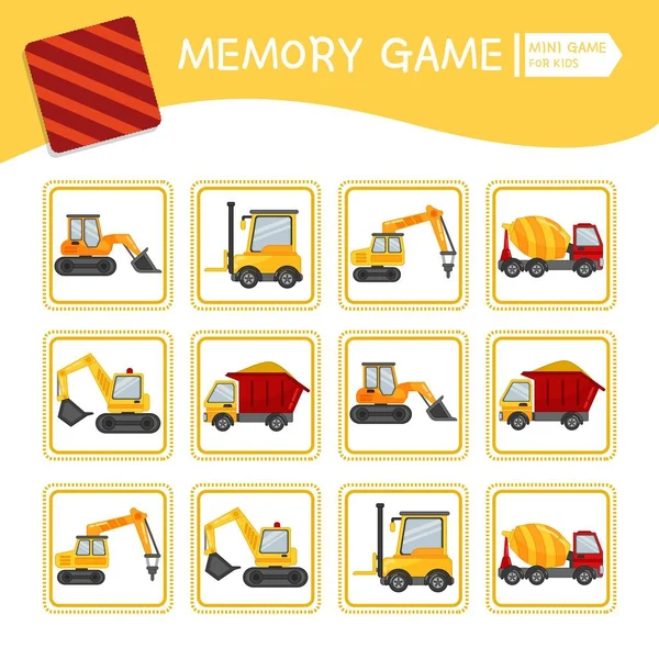 Memory game for preschool children, vector cards with cartoon transport. Find two identical picture. Kids activity page for book.