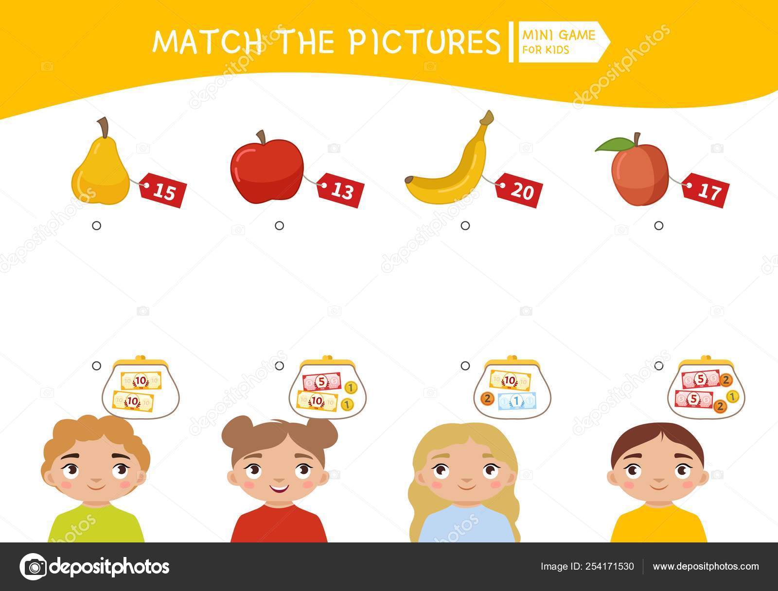 Matching Children Educational Game Count Money Children Wallets Find