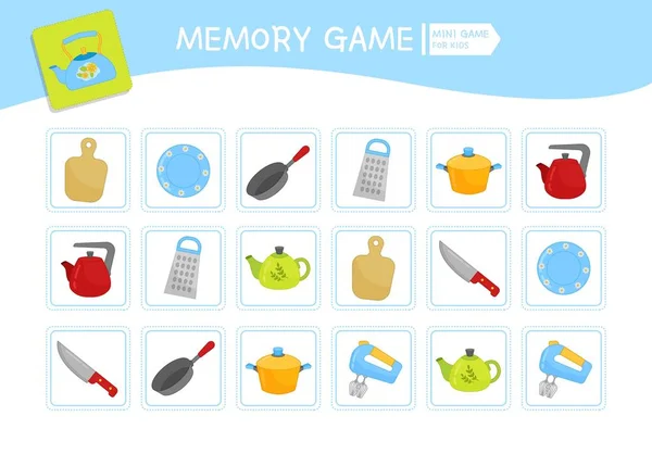 Memory game for preschool children, vector cards with cartoon dishes. Find two identical picture. Kids activity page for book.