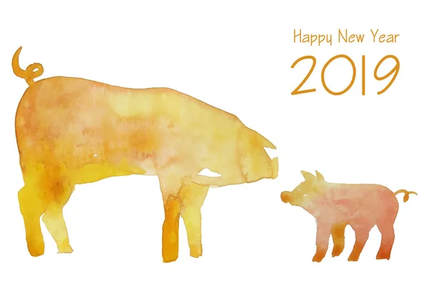Watercolor greeting card. Simbol of the year 2019. Yellow pig and piglet silhouette. Happy New Year.