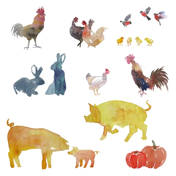 Watercolor set of farm animals, wild animals and birds and two pumpkins. Print pattern. Elements for design