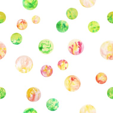 İzole suluboya öğeleri üzerinde beyaz bir arka plan deseni. Yeşil ve kırmızı daireler. Sulu boya doku