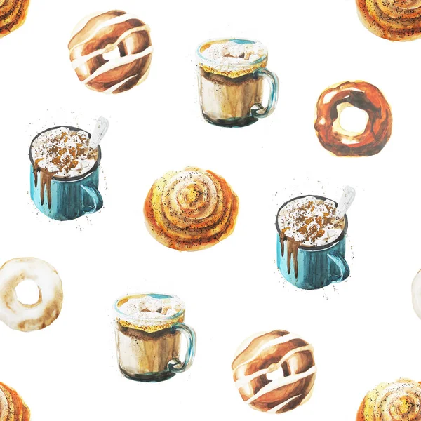 Pattern of watercolor elements. Sweet donuts and cups of cocoa. Illustration. Pattern for textile