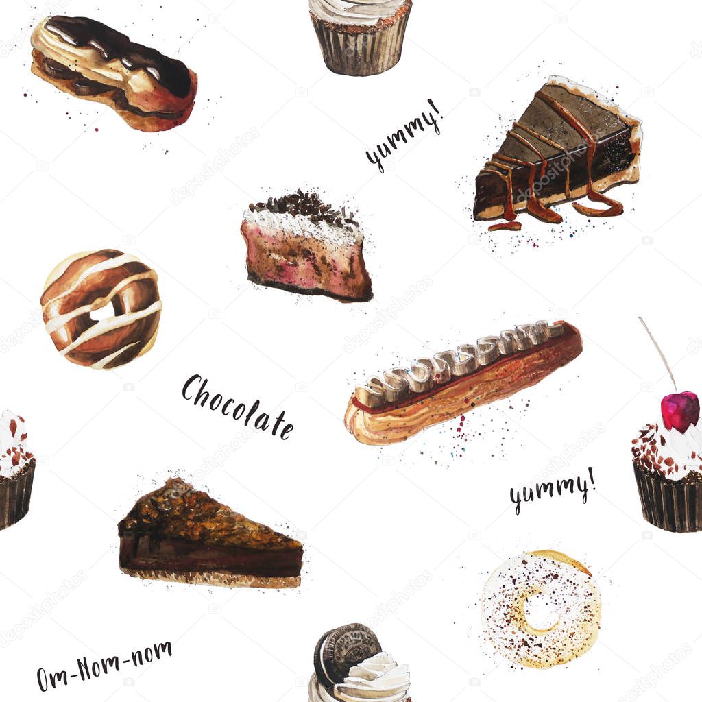 Sweet pattern. Handmade Watercolor illustration. Chocolate donut, tart, cupcake, pie, cheesecake, eclair. Pattern for wrapping paper or textile. Om-nom-nom.
