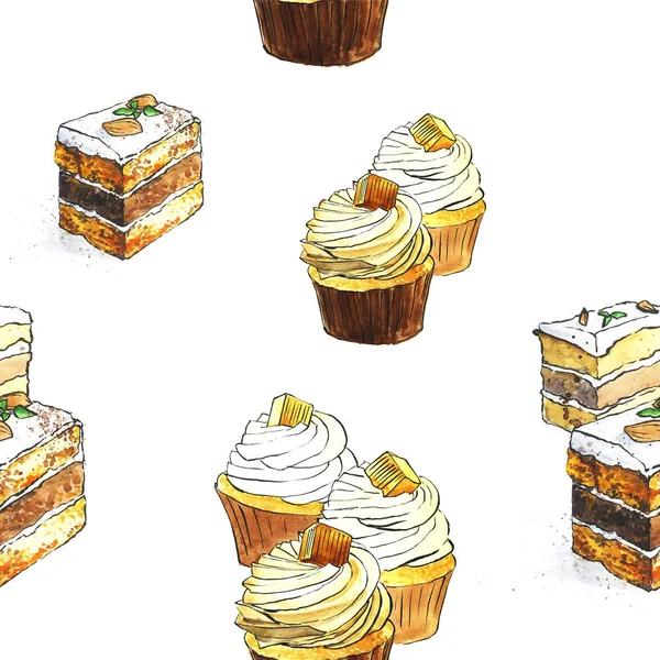 Illustrazione Acquerello Schema Senza Soluzione Continuità Sweets Torte Cupcake Isolati — Foto Stock