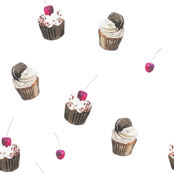 Suluboya illüstrasyon. Cupcakes, chocolatte ve kiraz ile Dikişsiz desen