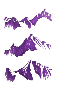 Çizim çizimi. Beyaz arka planda izole edilmiş dağların siluetleri. Kavram. Tasarımın için bir arkadaş. Macera çizimi. Üç elementten oluşan küme 