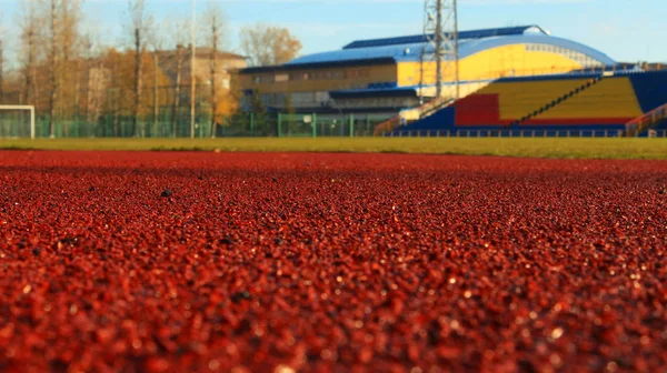 Kırmızı koşu bandı, yeşil çim ile stadyumda mavi gökyüzü spor üzerinde çalışan parça