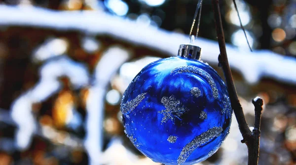 Mavi top yeni yıl topları Noel tatili kış orman karda dekore edilmiştir.