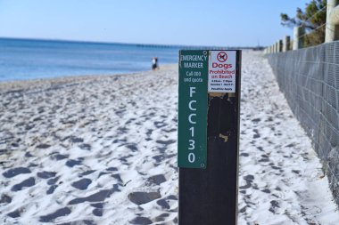 Seaford, Vic / Avustralya - 5 Ekim 2018: plaj işareti ve acil marker yasak köpekler