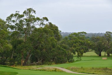 Küçük ahşap plaka üzerinde 17 numara ile golf sahası uzak görünümünü