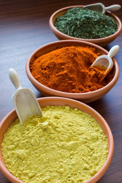 Colored Aromatic Spices Bowls — Stock Photo, Image