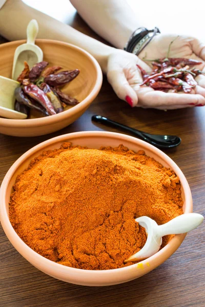 Chilli Powder Bowl Red Hot Chilli Peppers Background — Stock Photo, Image