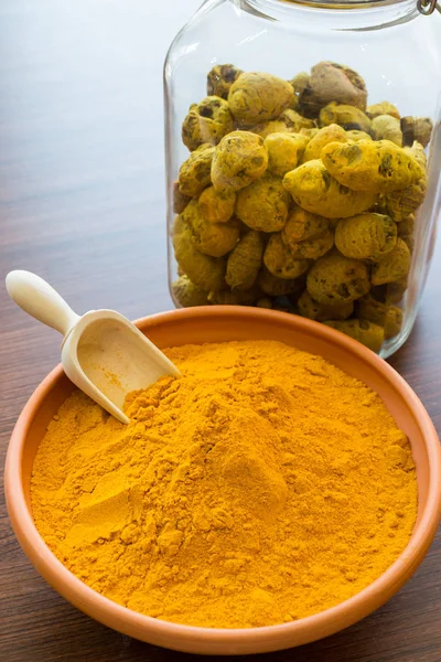 Turmeric Powder Bowl Raw Turmeric Jar Background — Stock Photo, Image