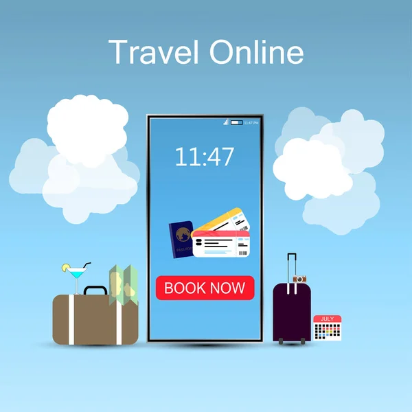 Plantilla Diseño Línea Viajes Concepto Boleto Electrónico Boleto Reserva Smartphone — Vector de stock