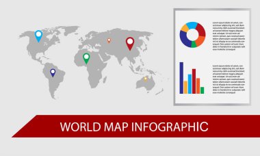 Dünya harita Infographic, mevcut grafik ve pasta grafik, kullanılan için Web sitesi, el ilanı şablonları vektör çizim ile