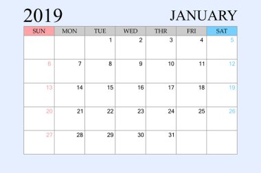 2019 takvim, Ocak, zamanlaması planlayıcısı, Organizatör, hafta Pazar, vektör çizim başlatın.