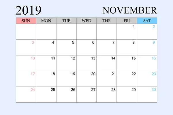 2019 Calendar November Schedule Planner Organizer Weeks Start Sunday Vector — Stock Vector