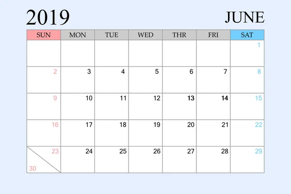 Calendrier 2019 Juin Planificateur Horaire Organisateur Semaines Partir Dimanche Illustration — Image vectorielle