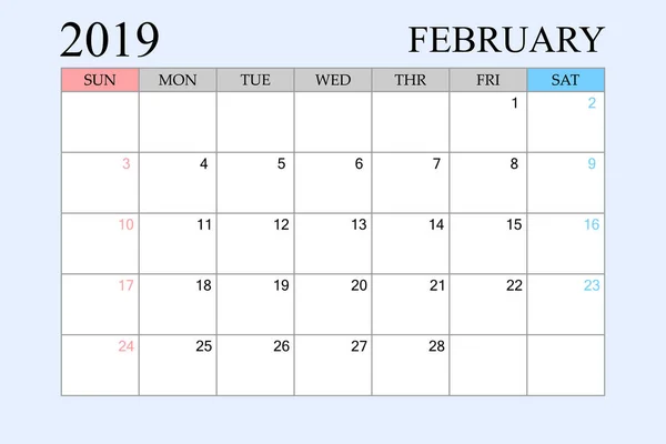 Calendrier 2019 Février Planificateur Horaire Organisateur Semaines Partir Dimanche Illustration — Image vectorielle