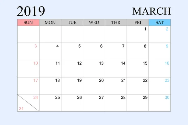 2019 Calendar March Schedule Planner Organizer Weeks Start Sunday Vector — Stock Vector