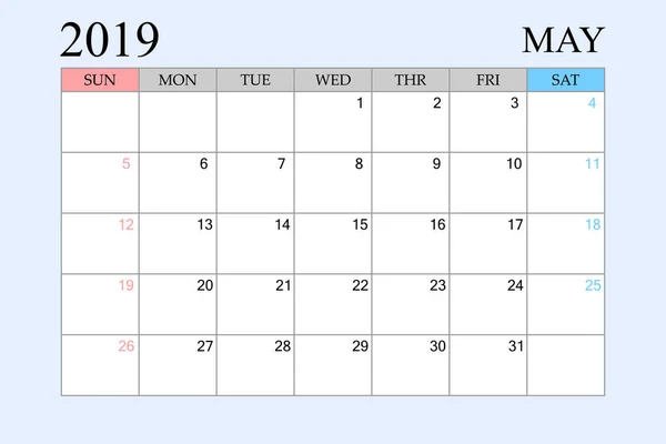 2019 Kalender Maj Schema Planner Arrangör Veckor Starta Från Söndag — Stock vektor