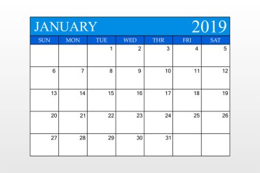 2019 takvim, Ocak, Mavi Tema, zamanlaması planlayıcısı, organizatörü, hafta Pazar, vektör çizim başlatmak