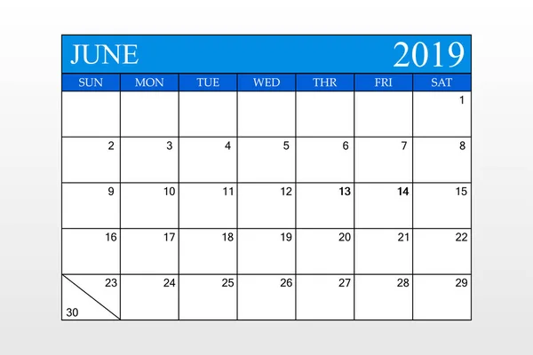 Calendrier 2019 Juin Thème Bleu Planificateur Horaire Organisateur Les Semaines — Image vectorielle