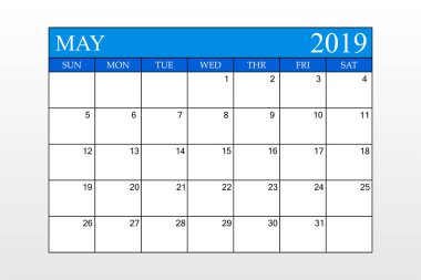 2019 takvim, Mayıs, Mavi Tema, zamanlaması planlayıcısı, organizatörü, hafta Pazar, vektör çizim başlatmak