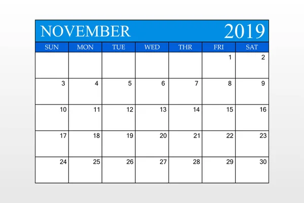 2019 Kalender November Blått Tema Schema Planner Organisatör Veckor Starta — Stock vektor