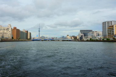 Tokyo, Japonya - 10 Eyl 2018: Sumida manzara nehir görünümünden bir yolcu gemisi