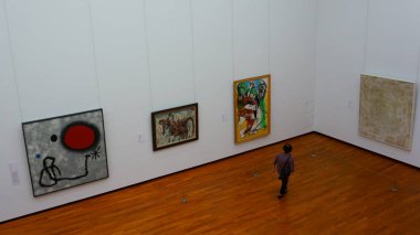 Sanatçıların resimlerinin bir sergisinde yaşlı Japon kadın 