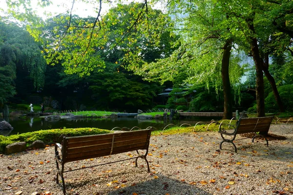 Panchine vicino al laghetto nel giardino giapponese, Tokyo — Foto Stock