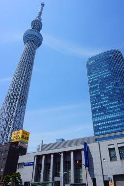Tokyo / Japonya - 05 Mayıs 2019: Mavi gökyüzü ve banka binası Mizuho Ginko