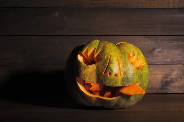 Halloween Konzept Halloween Kürbis Auf Holzgrund Kürbisschnitzen — Stockfoto
