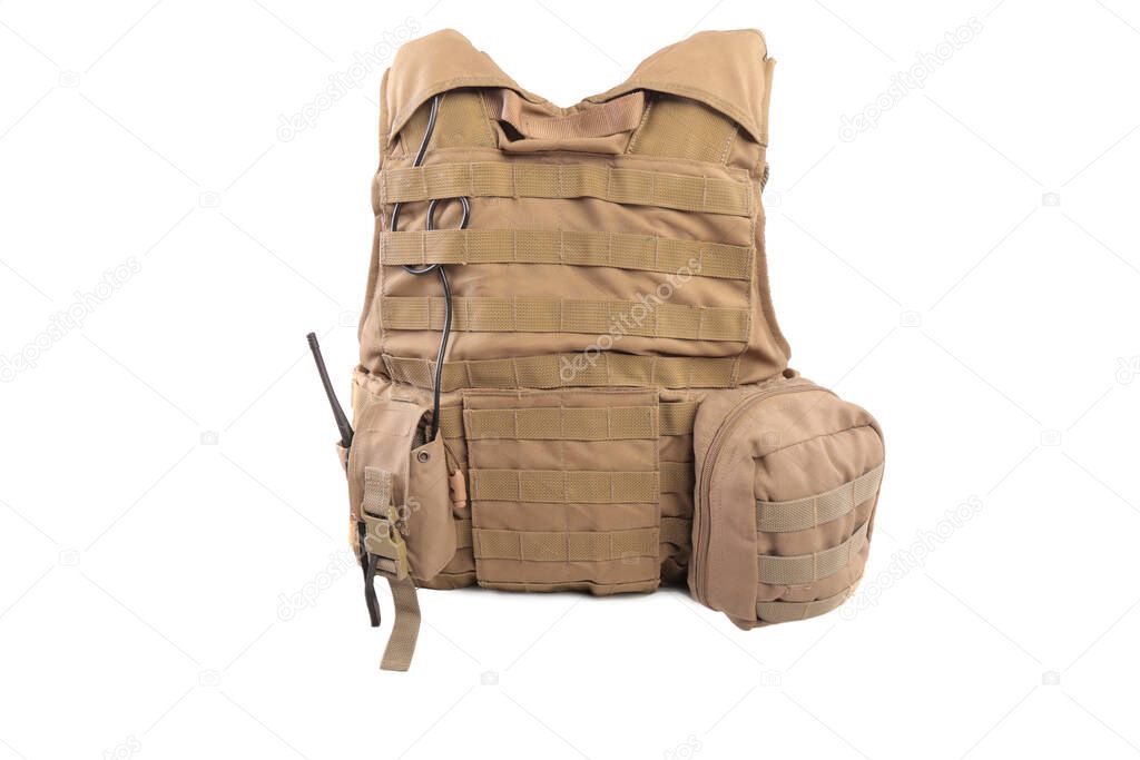 Isolated photo of a military armor olive colored tactical vest molle system with pouches, white background. view from the back
