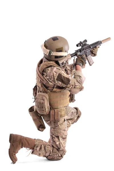 Portrait Soldat Tenant Pistolet Sur Fond Blanc Isolé Soldat Américain — Photo