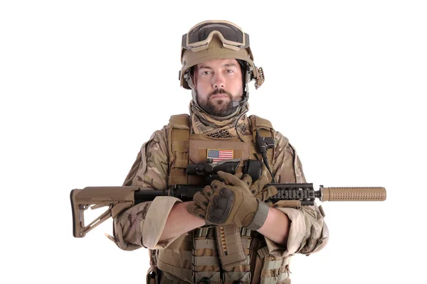 Retrato Soldado Segurando Arma Contra Fundo Branco Isolado Soldado Dos — Fotografia de Stock