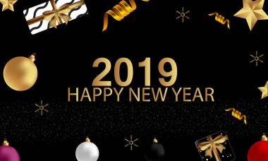2019 yazılı harflerle siyah bir zemin üzerine altın Noel yıldızlarla ver. Mutlu yeni yıl kartı tasarım. Vektör çizim Eps 10 dosya.