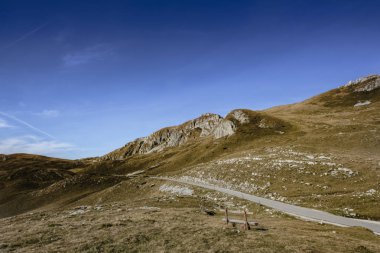 Dağ manzarası ve sonbahar bulutlu gün yolda.