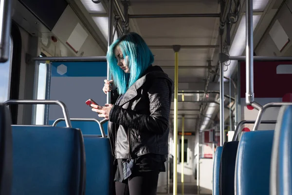 Stylish Woman Using Mobile Phone While Travelling Train — Stock Photo, Image